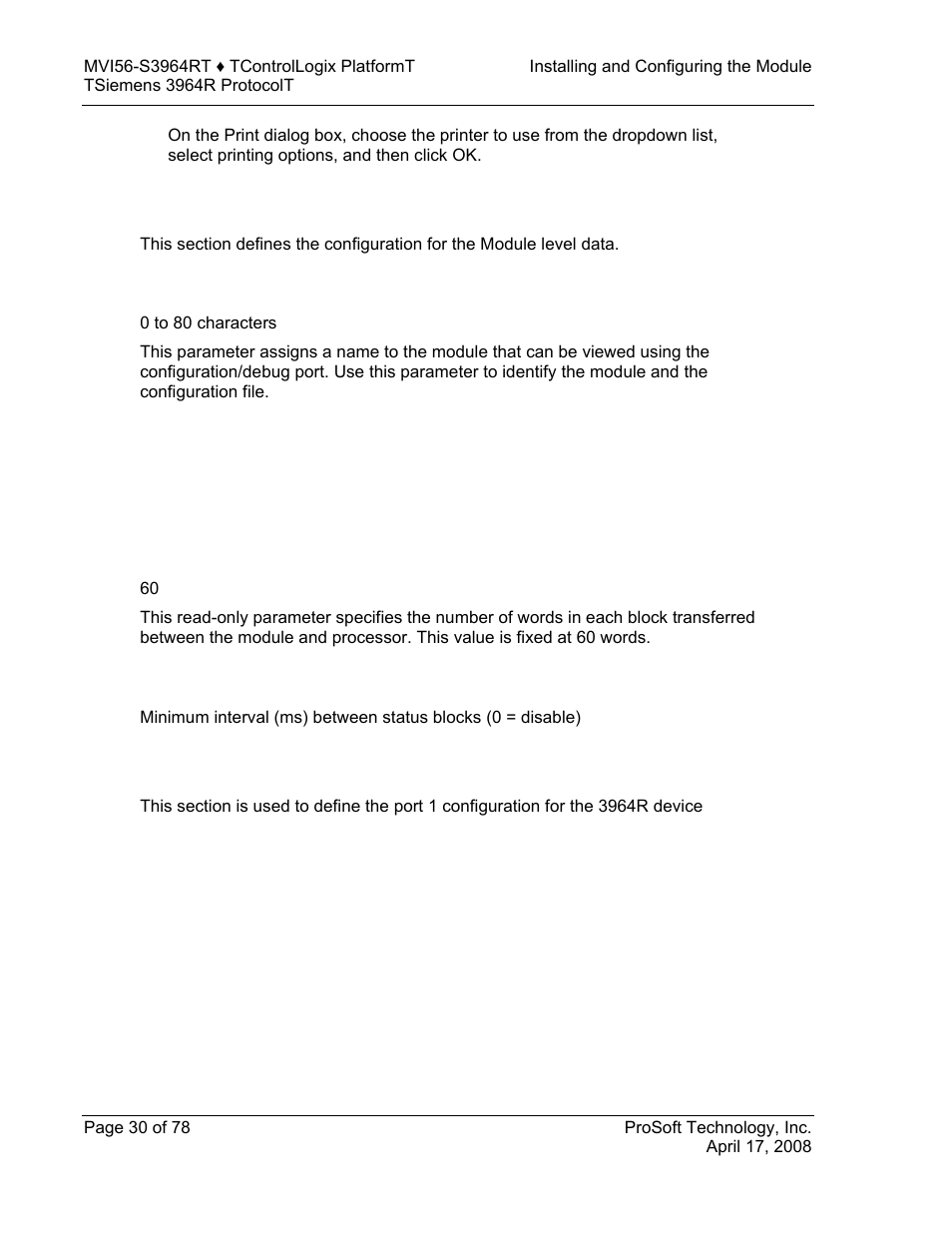 Module, Module name, Backplane 56 | Block transfer size, Status interval, 3964r port x | ProSoft Technology MVI56-S3964R User Manual | Page 30 / 78