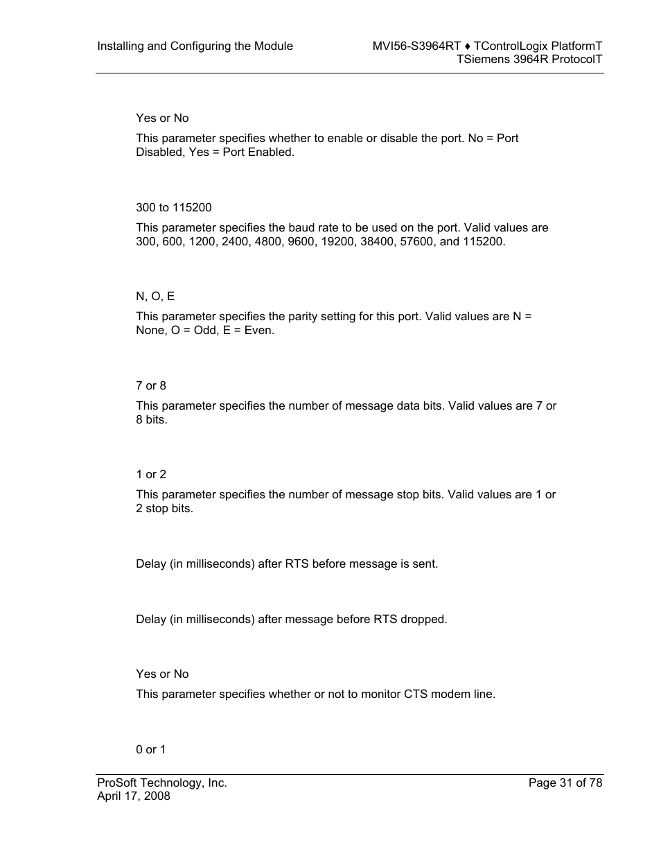 Enable, Baud rate, Parity | Data bits, Stop bits, Rts on, Rts off, Use cts line, Swap | ProSoft Technology MVI56-S3964R User Manual | Page 31 / 78