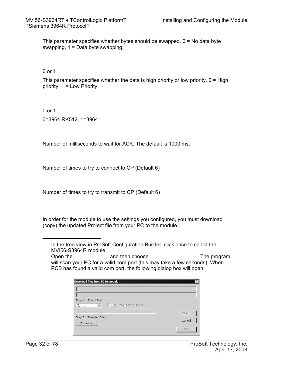 Priority, Protocol, Ack delay | Setup attempts, Transmit attempts, Download the project to the module, To download the project file | ProSoft Technology MVI56-S3964R User Manual | Page 32 / 78