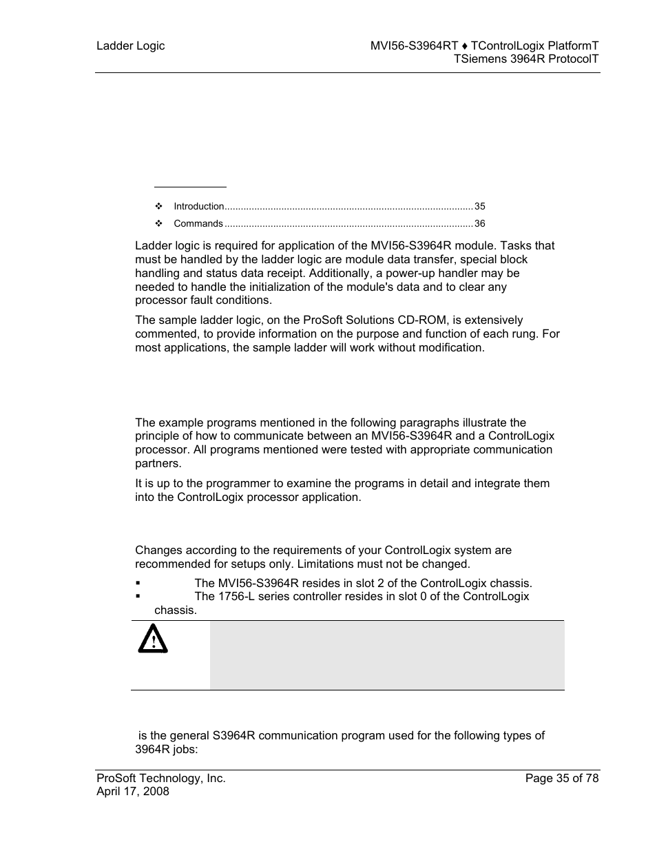 Ladder logic, Introduction, Explanations about the example programs | 3 ladder logic | ProSoft Technology MVI56-S3964R User Manual | Page 35 / 78