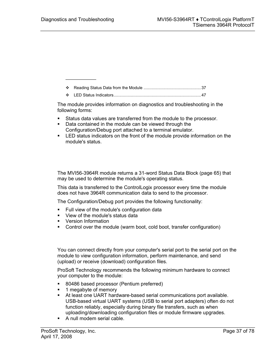 Diagnostics and troubleshooting, Reading status data from the module, Required hardware | E 37), 4 diagnostics and troubleshooting | ProSoft Technology MVI56-S3964R User Manual | Page 37 / 78