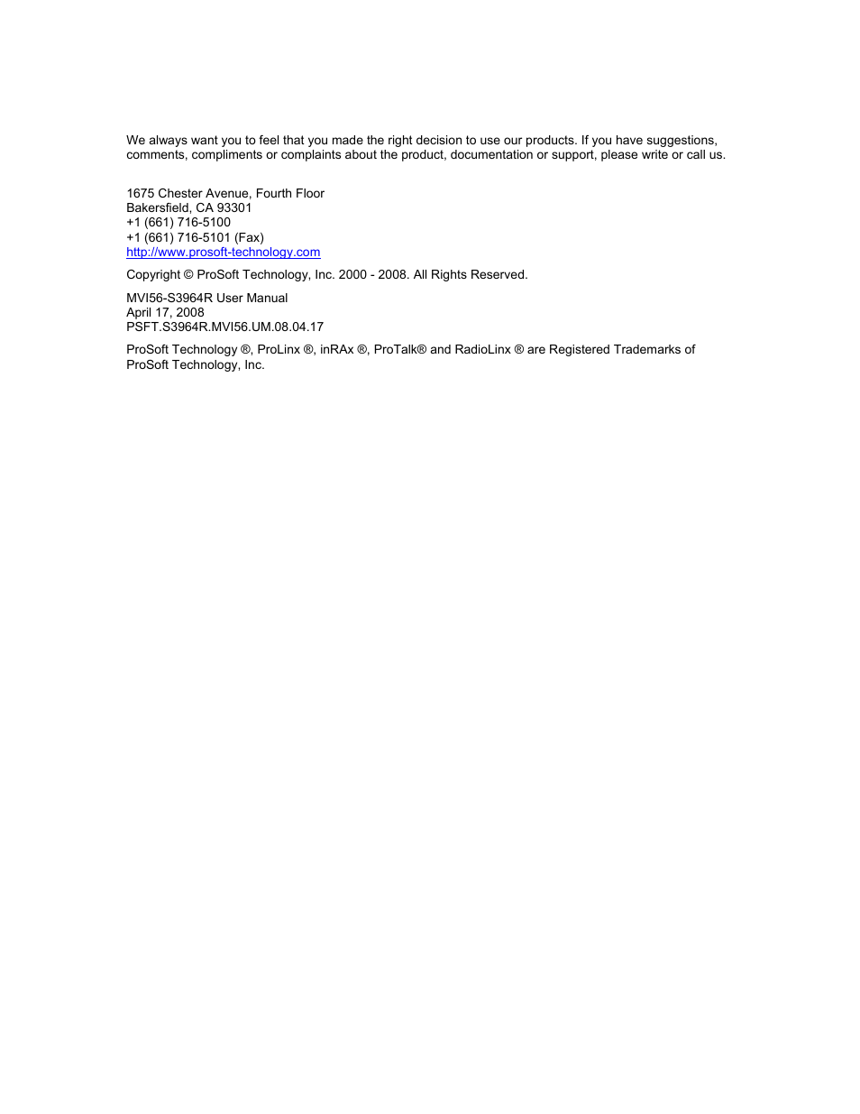 ProSoft Technology MVI56-S3964R User Manual | Page 4 / 78