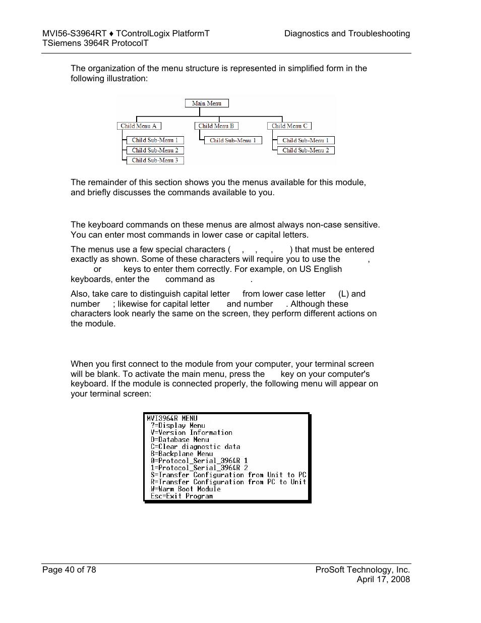 Keystrokes, Main menu | ProSoft Technology MVI56-S3964R User Manual | Page 40 / 78