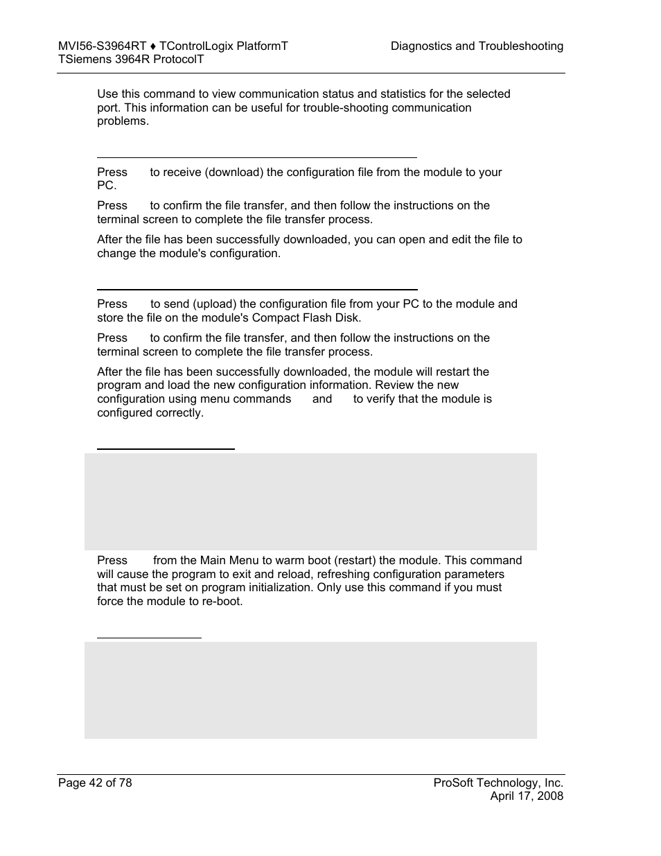 Warm booting the module, Exiting the program | ProSoft Technology MVI56-S3964R User Manual | Page 42 / 78