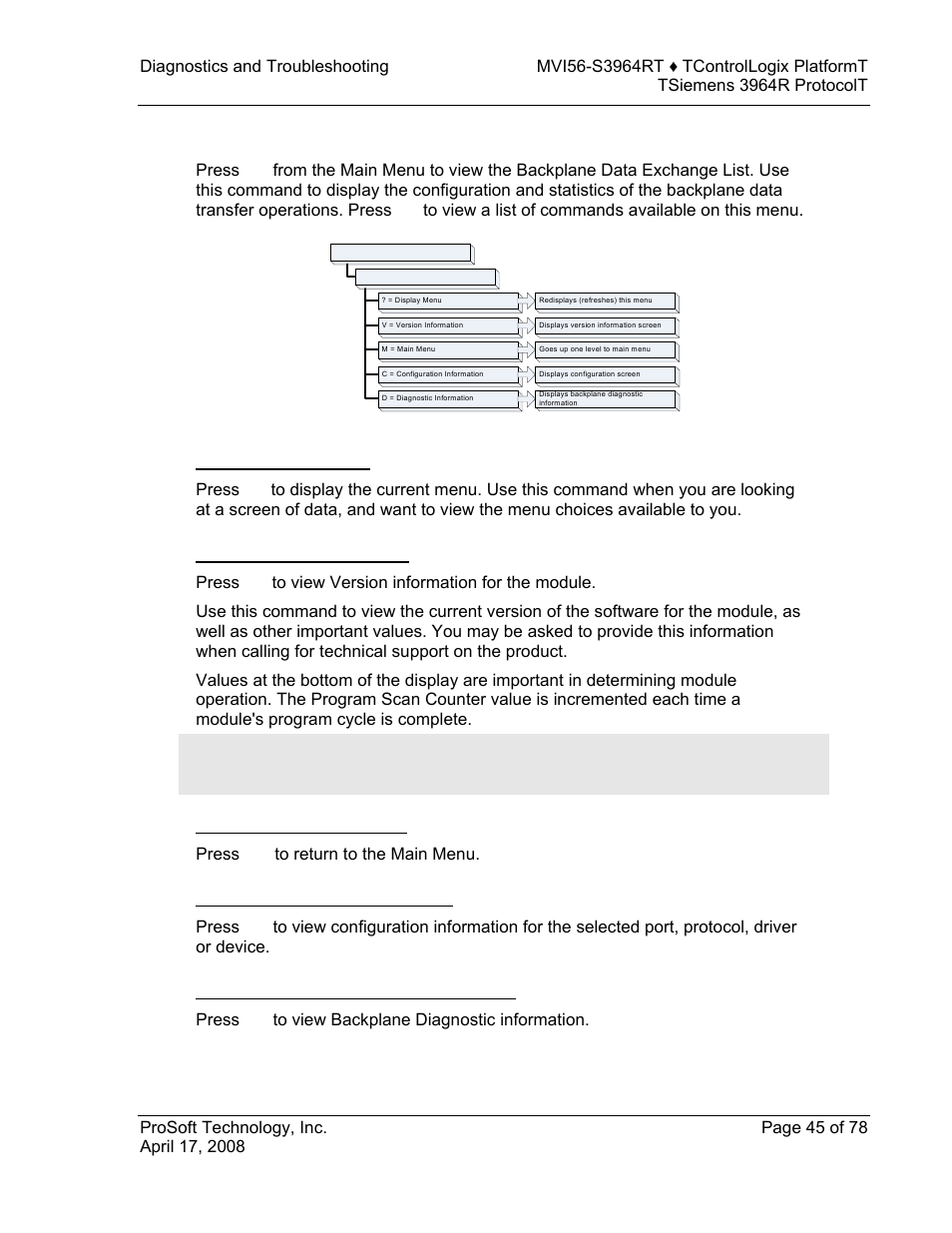 Returning to the main menu, Backplane menu, Redisplaying the menu | Viewing version information, Viewing configuration information, Viewing backplane diagnostic information, 5 backplane menu | ProSoft Technology MVI56-S3964R User Manual | Page 45 / 78