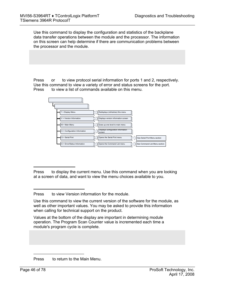 Protocol serial 3964r menu, Redisplaying the menu, Viewing version information | Returning to the main menu | ProSoft Technology MVI56-S3964R User Manual | Page 46 / 78