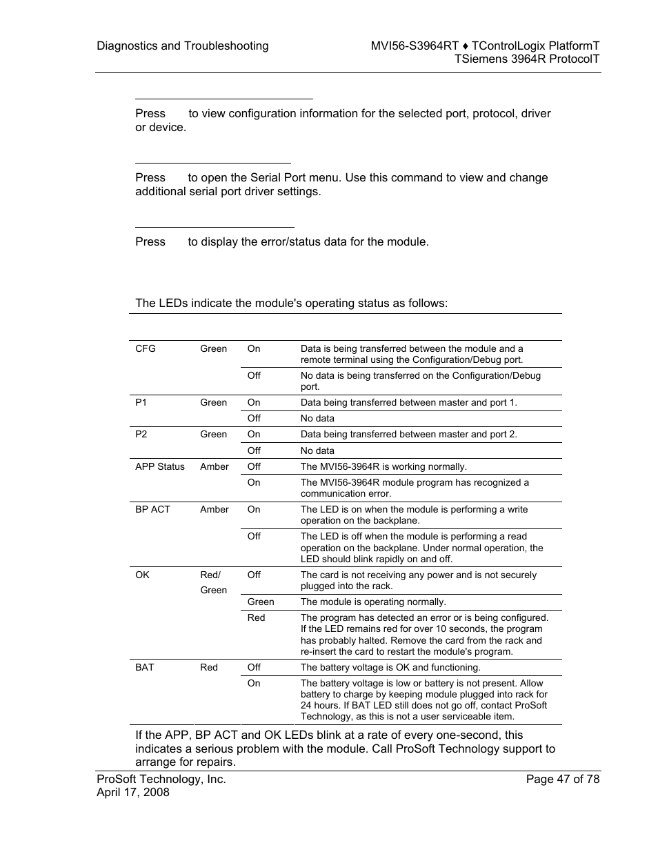 Viewing configuration information, Opening the serial port menu, Viewing error and status data | Led status indicators, E 47) | ProSoft Technology MVI56-S3964R User Manual | Page 47 / 78