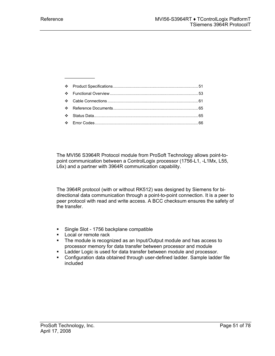 Reference, Product specifications, Features and benefits | General specifications, E 51), 5 reference | ProSoft Technology MVI56-S3964R User Manual | Page 51 / 78