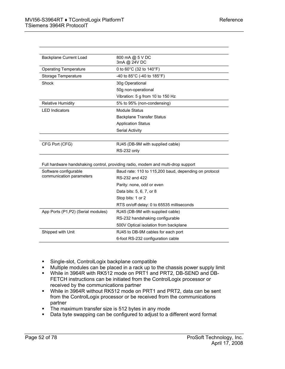 Hardware specifications, Functional specifications | ProSoft Technology MVI56-S3964R User Manual | Page 52 / 78