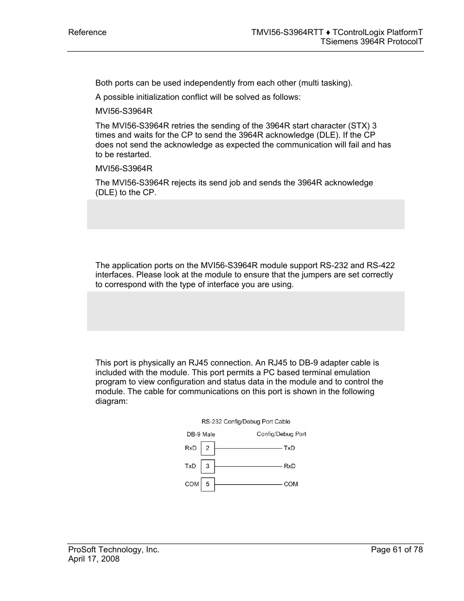 Job processing, Cable connections, Rs-232 configuration/debug port | ProSoft Technology MVI56-S3964R User Manual | Page 61 / 78