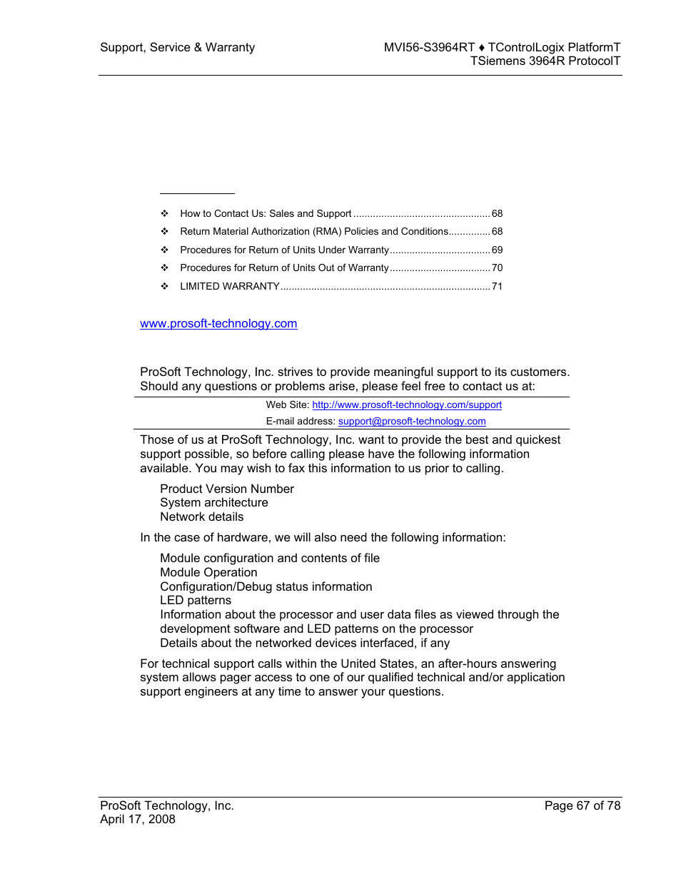 Support, service & warranty, E 67), 6support, service & warranty | ProSoft Technology MVI56-S3964R User Manual | Page 67 / 78