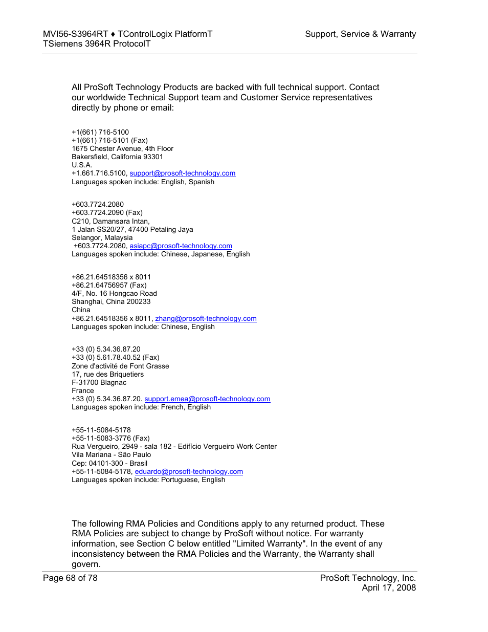 How to contact us: sales and support | ProSoft Technology MVI56-S3964R User Manual | Page 68 / 78