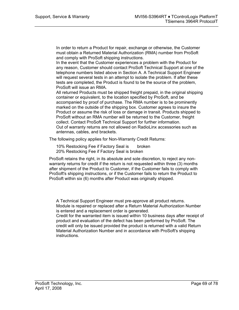 All product returns, Procedures for return of units under warranty | ProSoft Technology MVI56-S3964R User Manual | Page 69 / 78