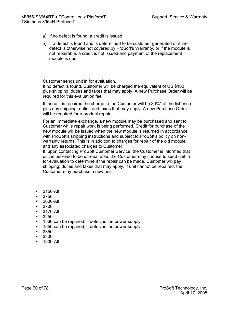 Procedures for return of units out of warranty, Un-repairable units | ProSoft Technology MVI56-S3964R User Manual | Page 70 / 78