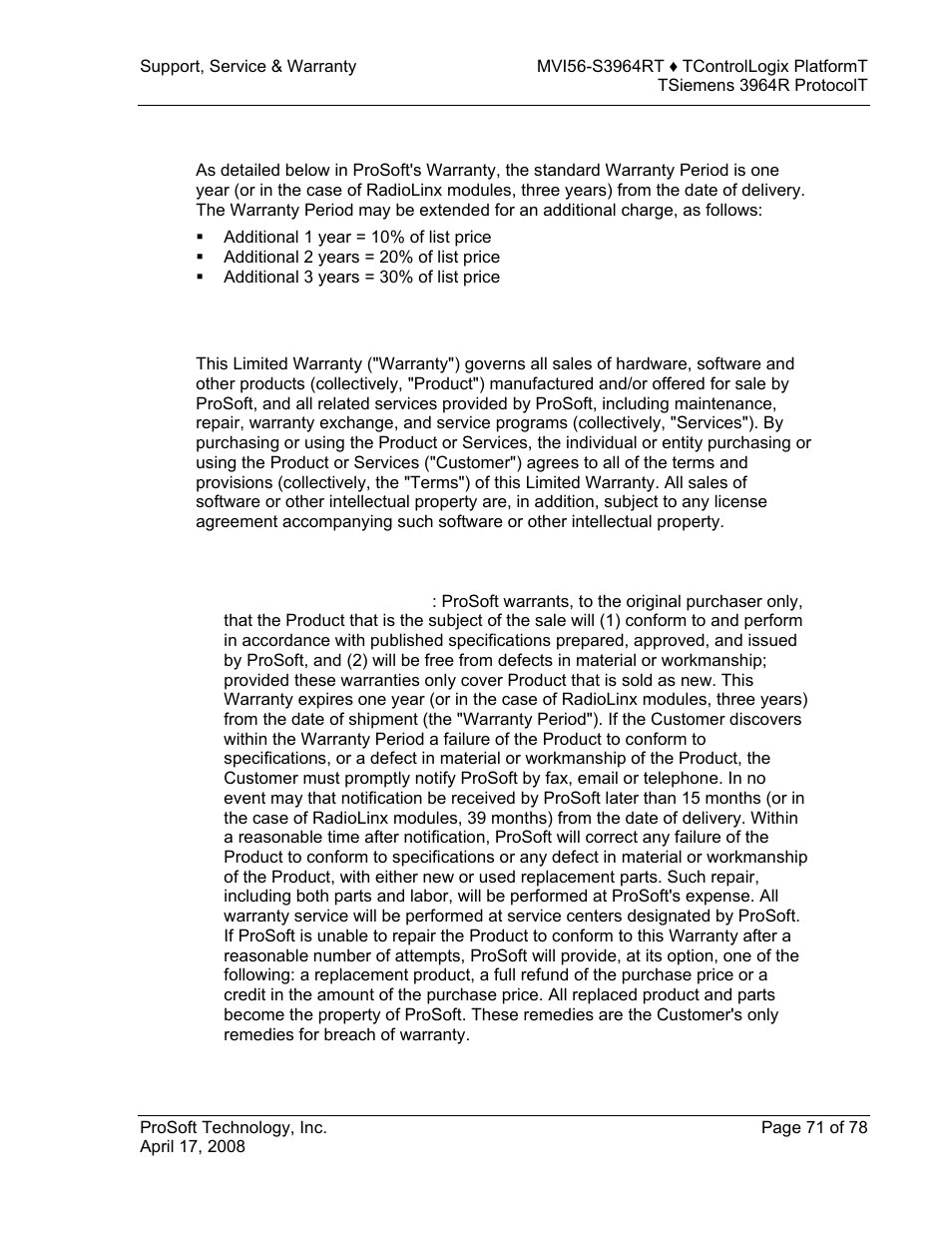 Purchasing warranty extension, Limited warranty, What is covered by this warranty | ProSoft Technology MVI56-S3964R User Manual | Page 71 / 78