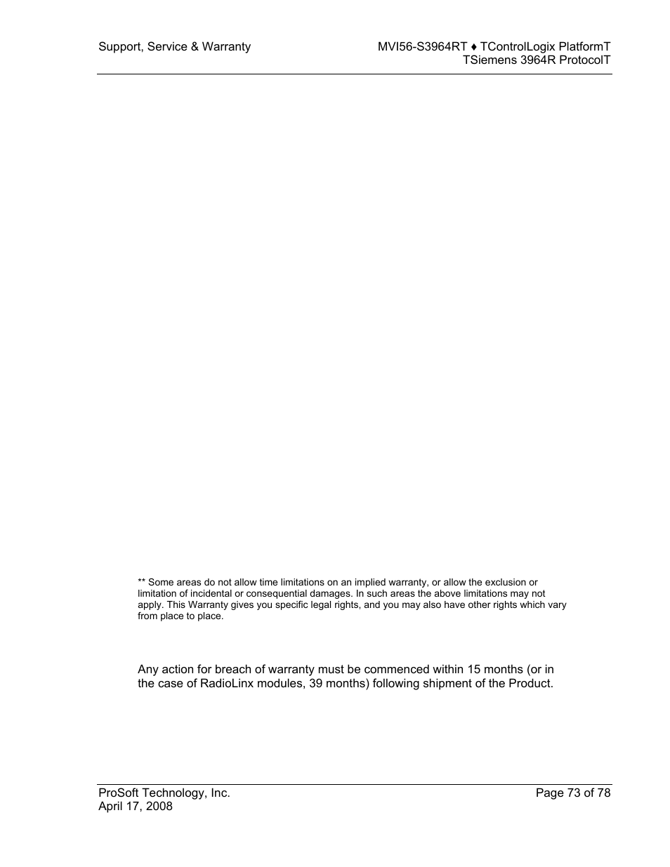 Disclaimer regarding high risk activities, Disclaimer of all other warranties, Limitation of remedies | Time limit for bringing suit | ProSoft Technology MVI56-S3964R User Manual | Page 73 / 78