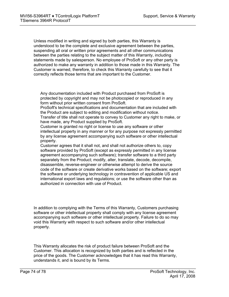 No other warranties, Intellectual property, Allocation of risks | ProSoft Technology MVI56-S3964R User Manual | Page 74 / 78