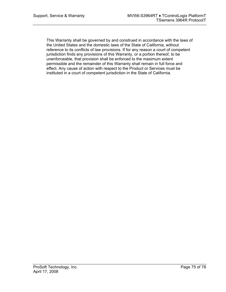 Controlling law and severability | ProSoft Technology MVI56-S3964R User Manual | Page 75 / 78