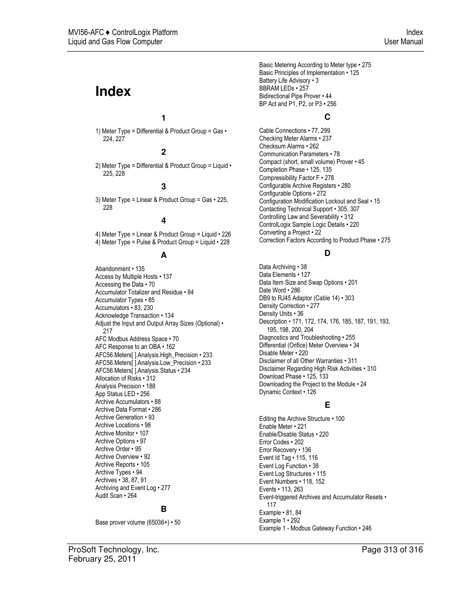 Index | ProSoft Technology MVI56-AFC User Manual | Page 313 / 316