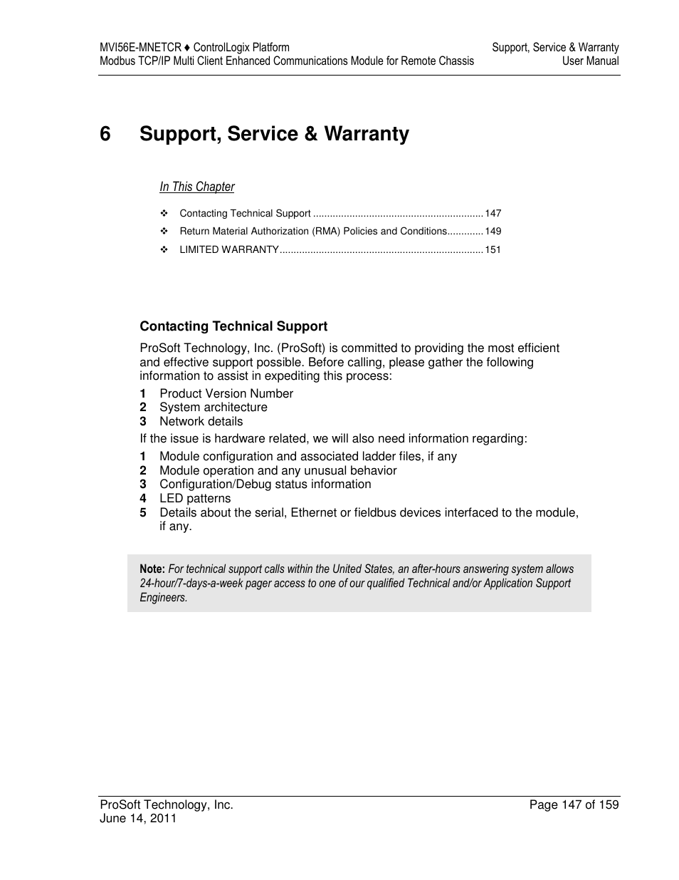 6support, service & warranty | ProSoft Technology MVI56E-MNETCR User Manual | Page 147 / 159
