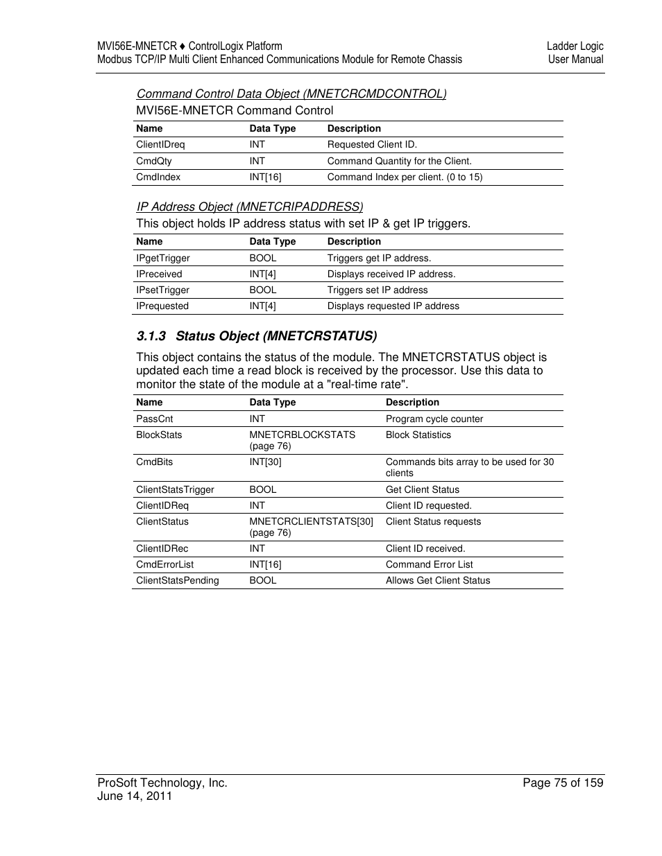 3 status object (mnetcrstatus) | ProSoft Technology MVI56E-MNETCR User Manual | Page 75 / 159