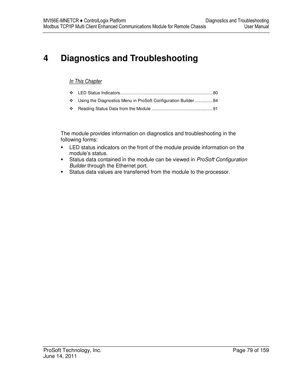 4diagnostics and troubleshooting | ProSoft Technology MVI56E-MNETCR User Manual | Page 79 / 159