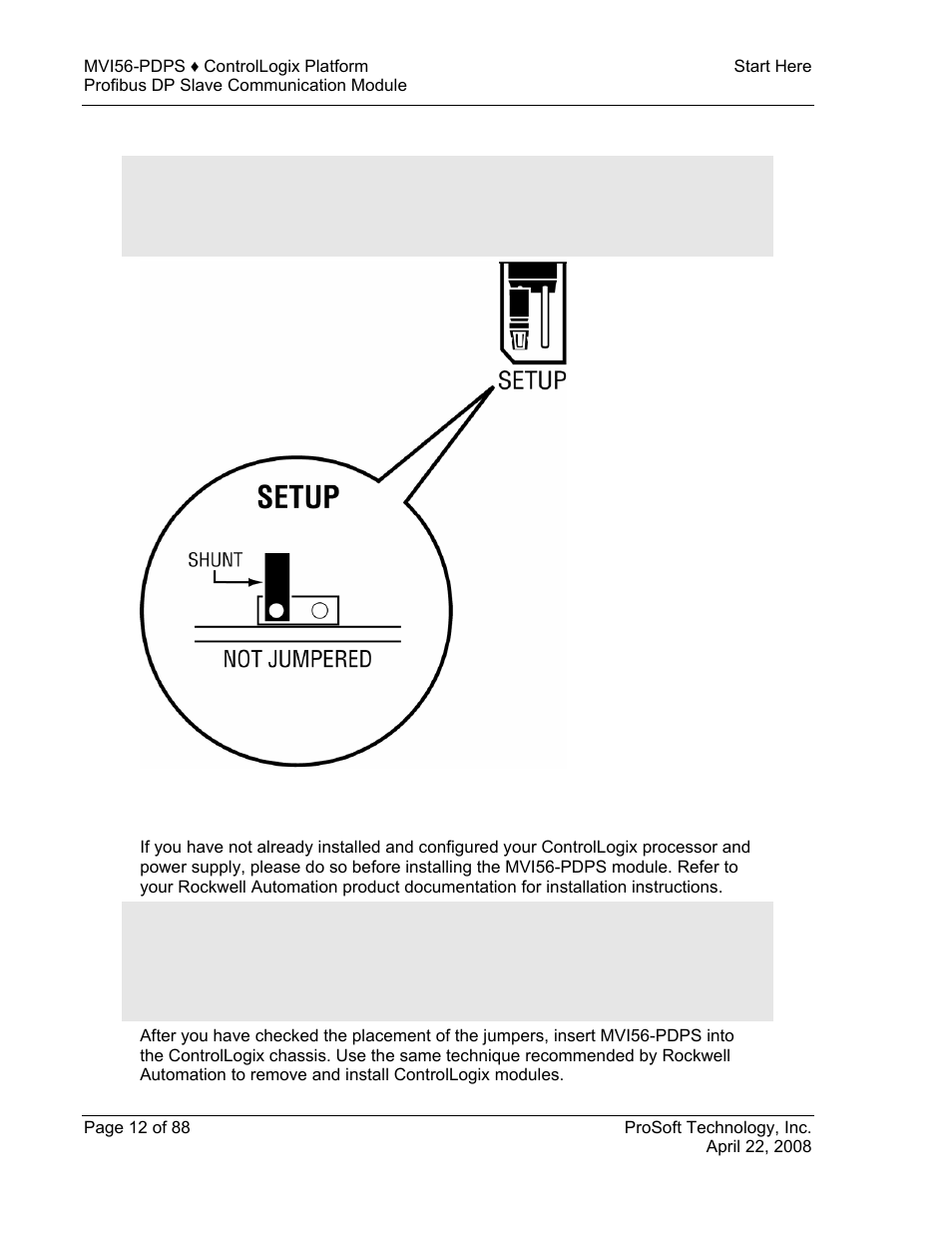 Setting jumpers, Install the module in the rack, Setting | Jumpers | ProSoft Technology MVI56-PDPS User Manual | Page 12 / 88