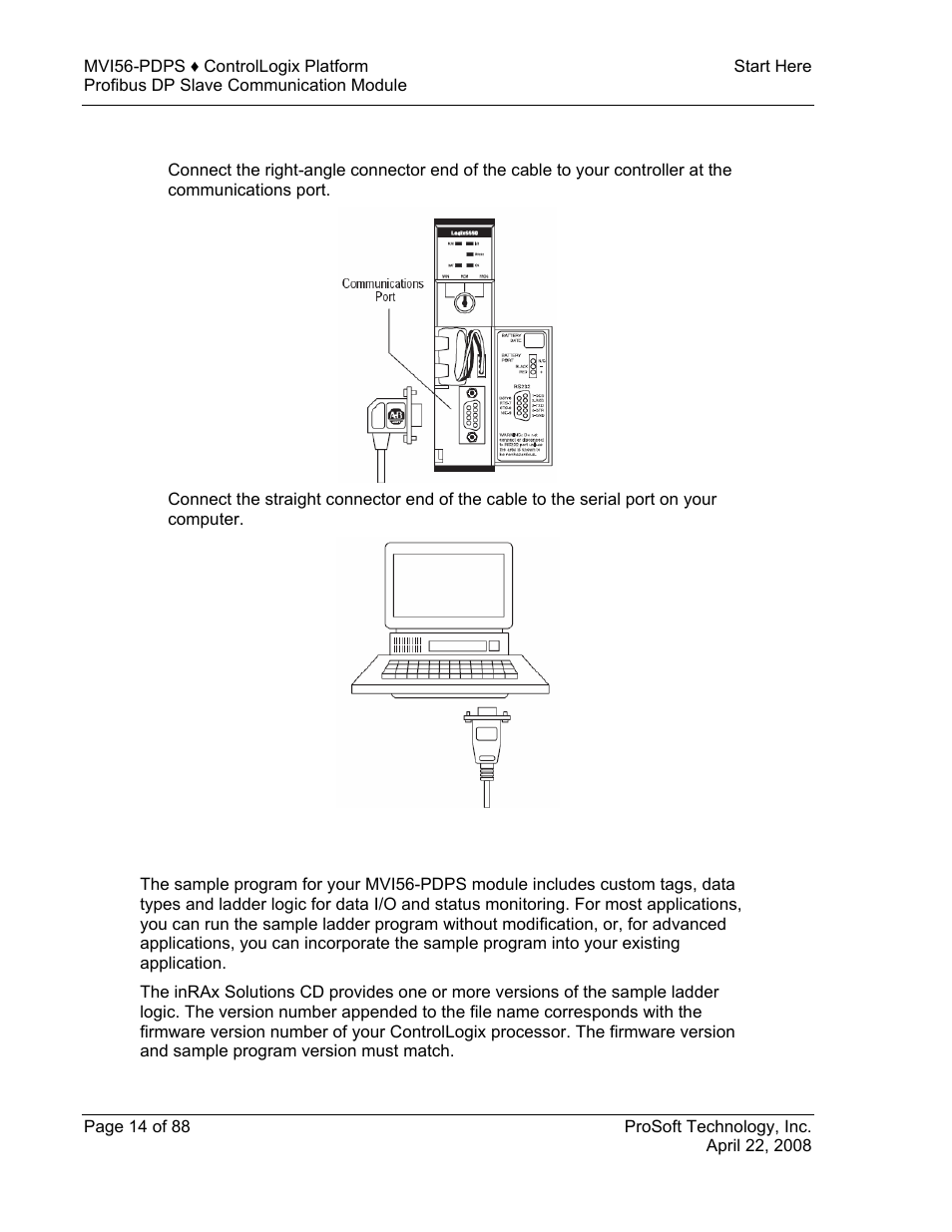 Connect your pc to the processor, Open the sample ladder logic | ProSoft Technology MVI56-PDPS User Manual | Page 14 / 88