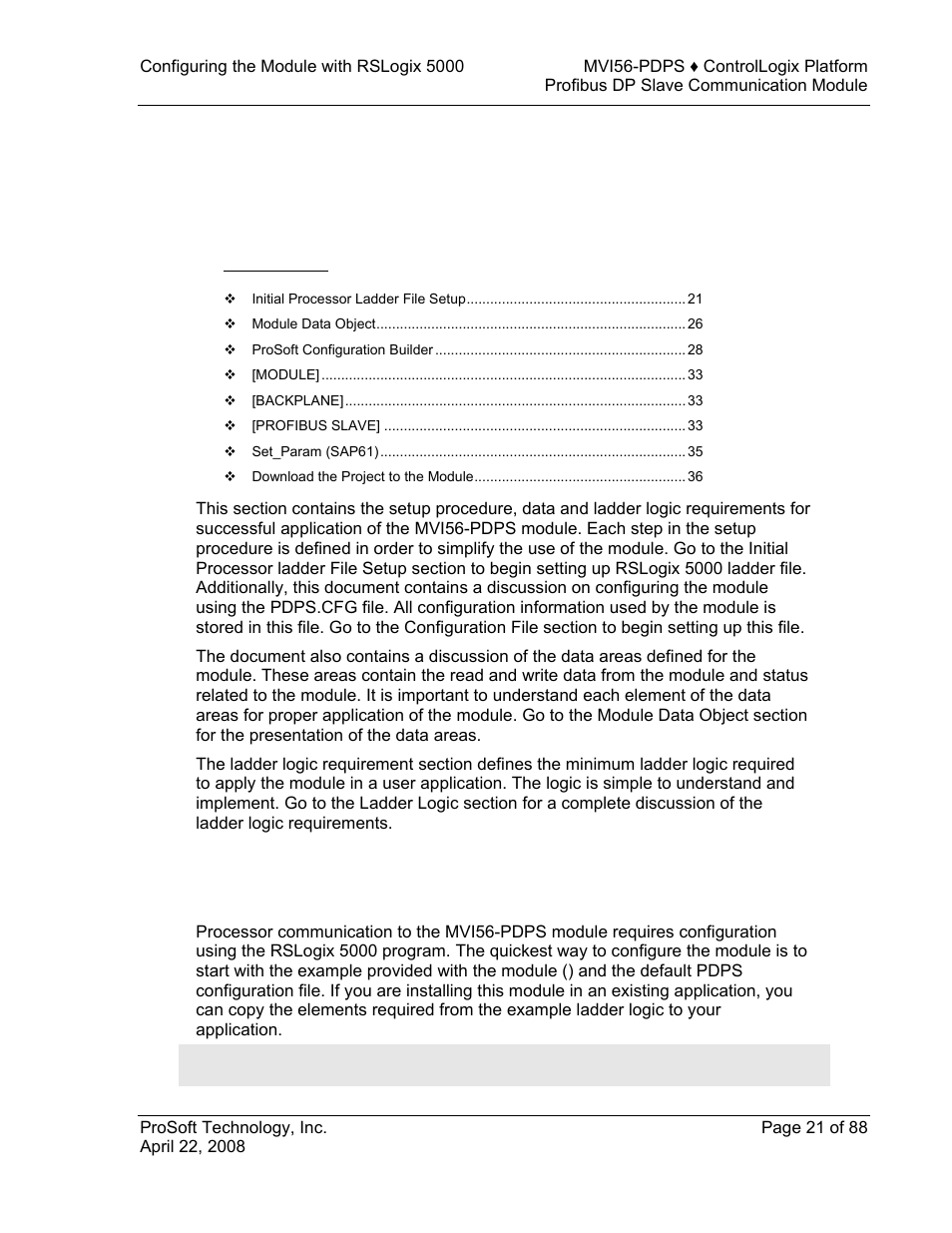 Configuring the module with rslogix 5000, Initial processor ladder file setup | ProSoft Technology MVI56-PDPS User Manual | Page 21 / 88