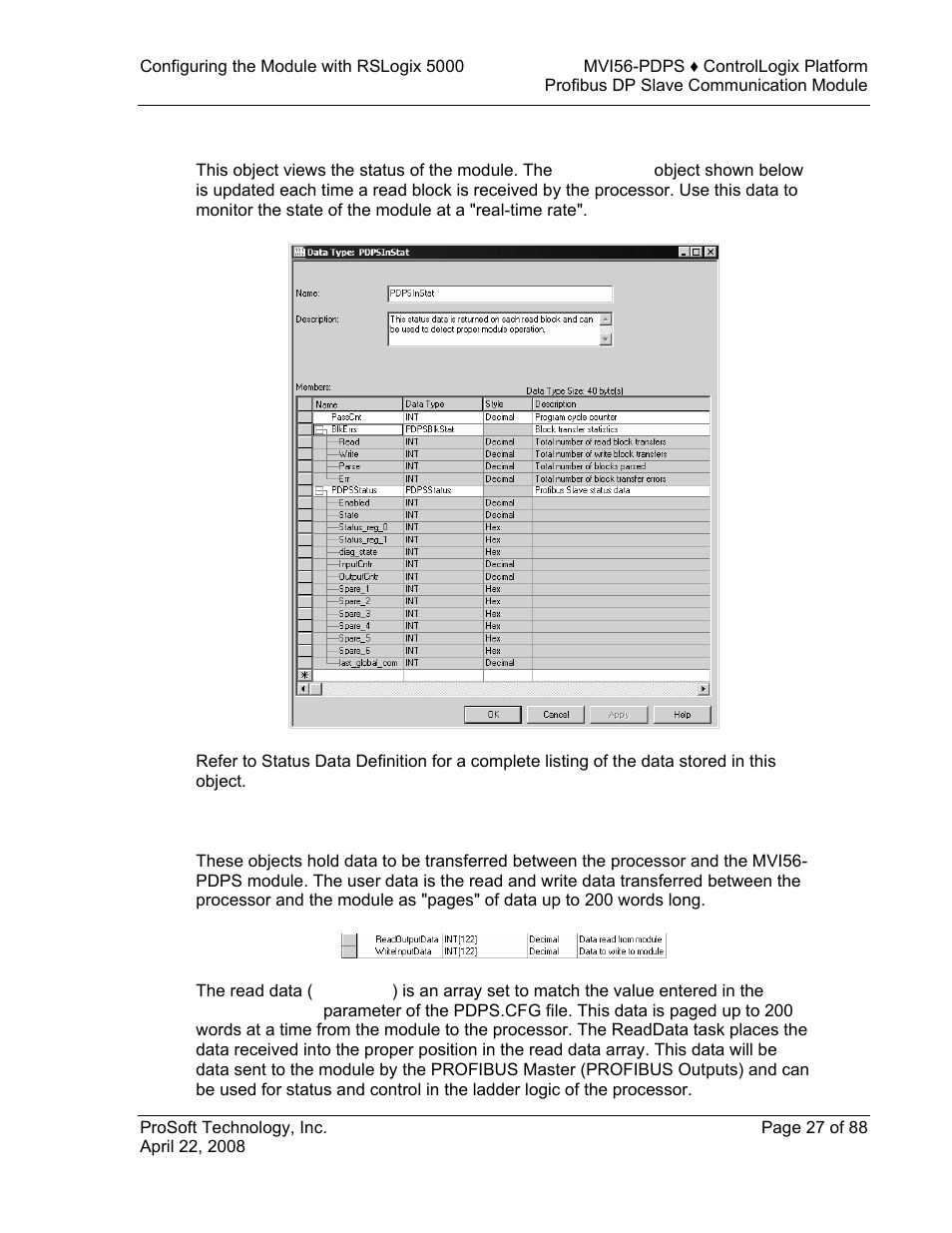Status object (pdpsinstat data structure), User data objects | ProSoft Technology MVI56-PDPS User Manual | Page 27 / 88