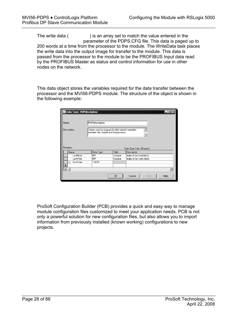 Block control data (pdpsbackplane), Prosoft configuration builder, Prosoft | Configuration builder | ProSoft Technology MVI56-PDPS User Manual | Page 28 / 88