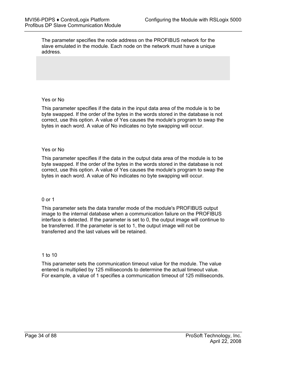 Swap input bytes, Swap output bytes, Comm failure mode | Comm timeout multiplier | ProSoft Technology MVI56-PDPS User Manual | Page 34 / 88