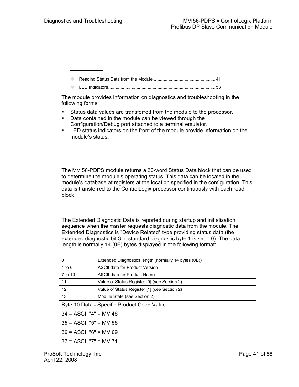 Diagnostics and troubleshooting, Reading status data from the module, Definition of module's extended diagnostics data | E 41), 4 diagnostics and troubleshooting | ProSoft Technology MVI56-PDPS User Manual | Page 41 / 88