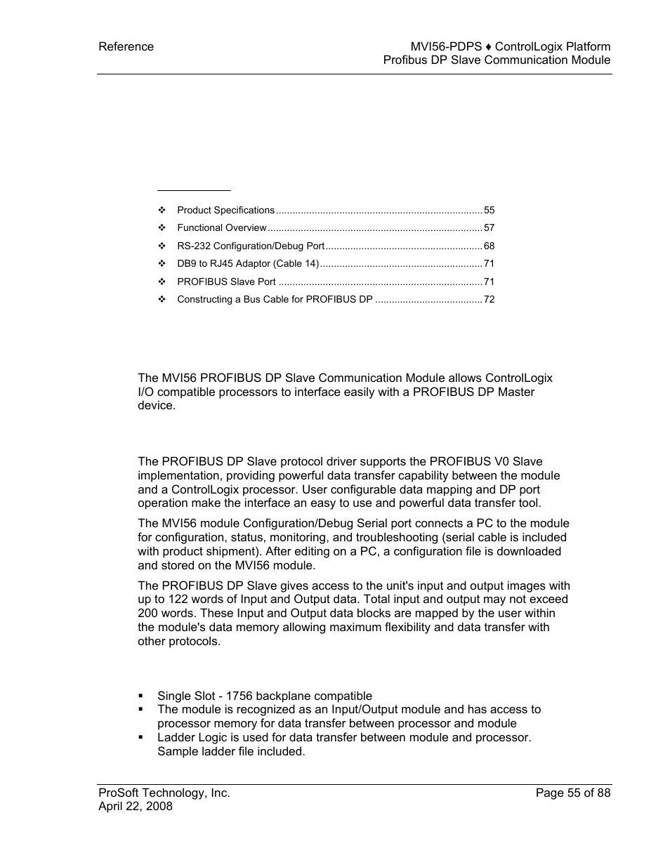 Reference, Product specifications, Features and benefits | General specifications, E 55), 5 reference | ProSoft Technology MVI56-PDPS User Manual | Page 55 / 88