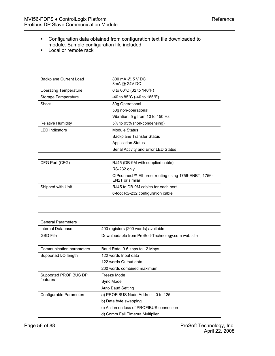 Hardware specifications, Profibus slave port specifications | ProSoft Technology MVI56-PDPS User Manual | Page 56 / 88