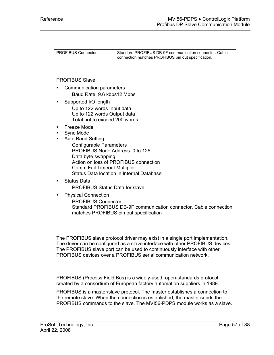 Functional specifications, Functional overview, About the profibus protocol | E 57), Functional, Overview | ProSoft Technology MVI56-PDPS User Manual | Page 57 / 88