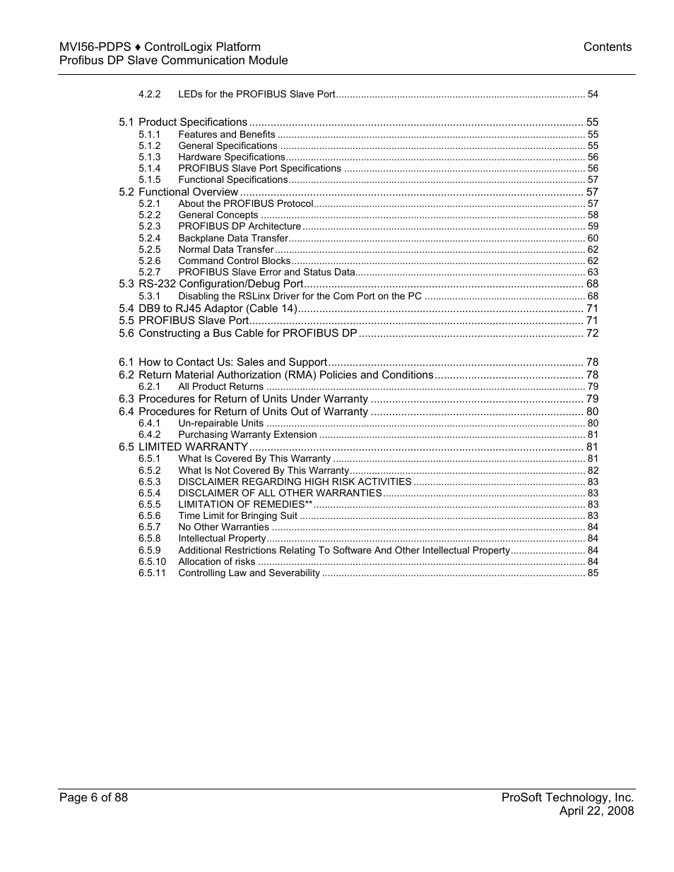 ProSoft Technology MVI56-PDPS User Manual | Page 6 / 88
