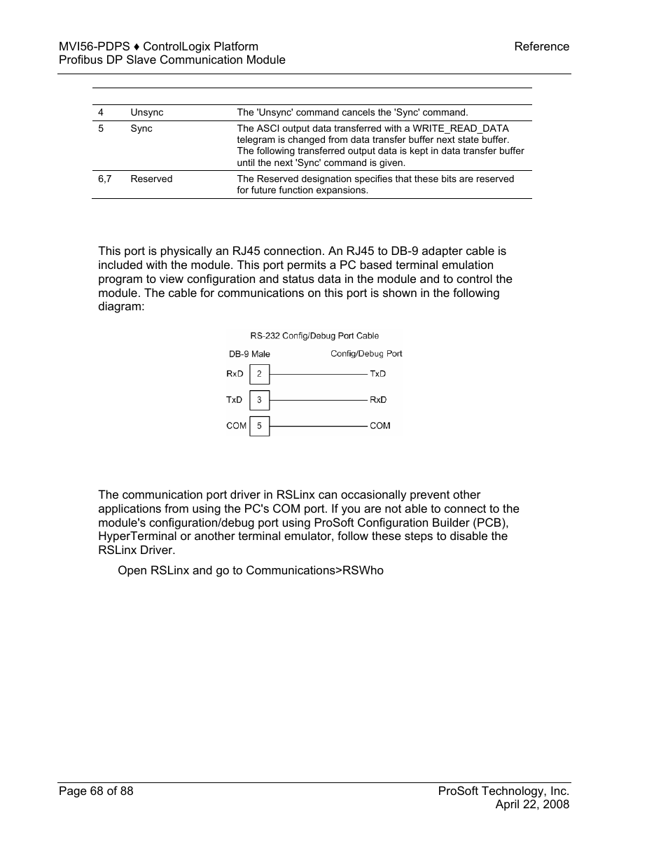 Rs-232 configuration/debug port, Rs-232, Configuration/debug port | ProSoft Technology MVI56-PDPS User Manual | Page 68 / 88