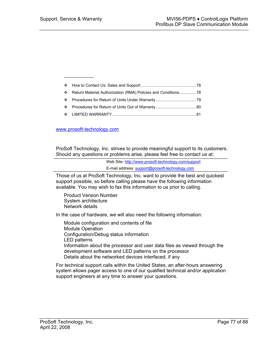 Support, service & warranty, E 77), 6support, service & warranty | ProSoft Technology MVI56-PDPS User Manual | Page 77 / 88