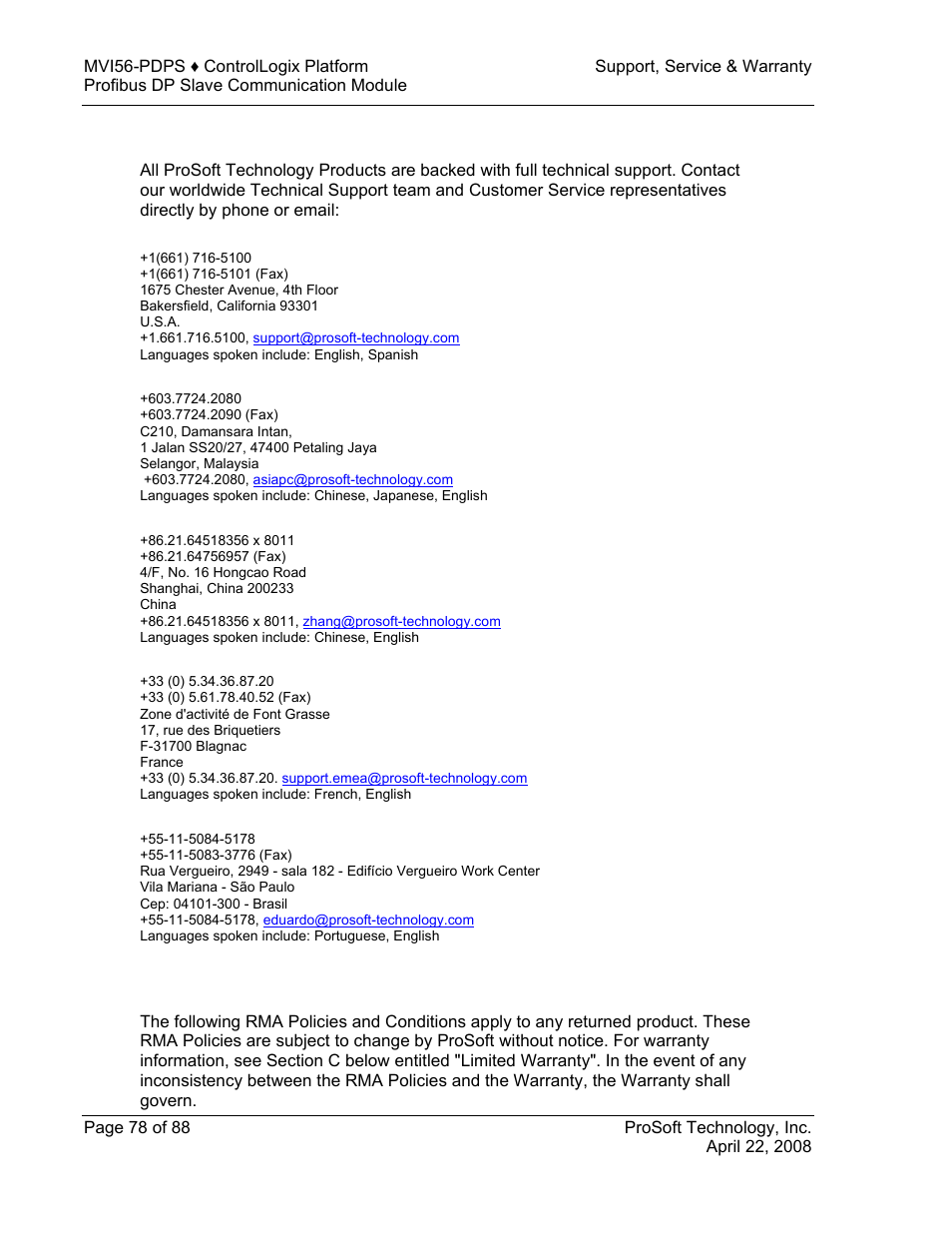 How to contact us: sales and support | ProSoft Technology MVI56-PDPS User Manual | Page 78 / 88