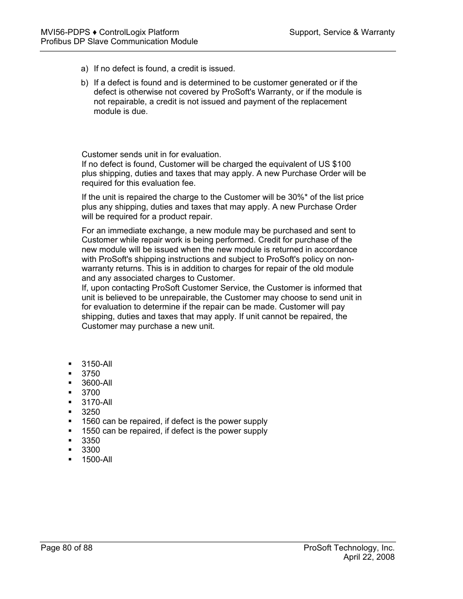 Procedures for return of units out of warranty, Un-repairable units | ProSoft Technology MVI56-PDPS User Manual | Page 80 / 88