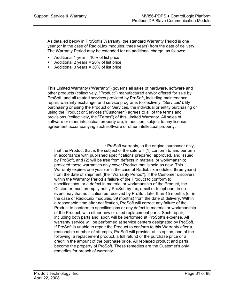 Purchasing warranty extension, Limited warranty, What is covered by this warranty | Limited, Warranty | ProSoft Technology MVI56-PDPS User Manual | Page 81 / 88