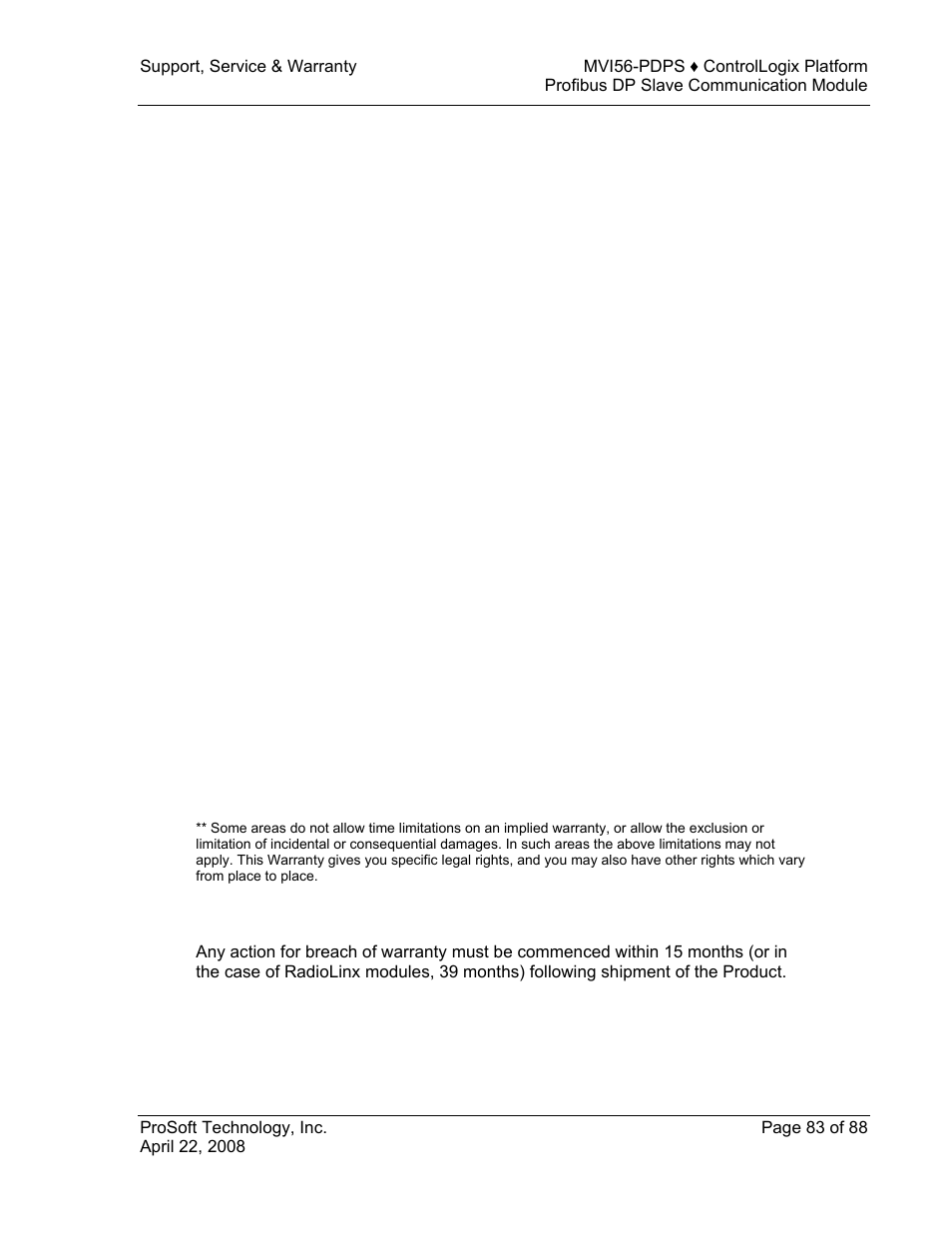 Disclaimer regarding high risk activities, Disclaimer of all other warranties, Limitation of remedies | Time limit for bringing suit | ProSoft Technology MVI56-PDPS User Manual | Page 83 / 88