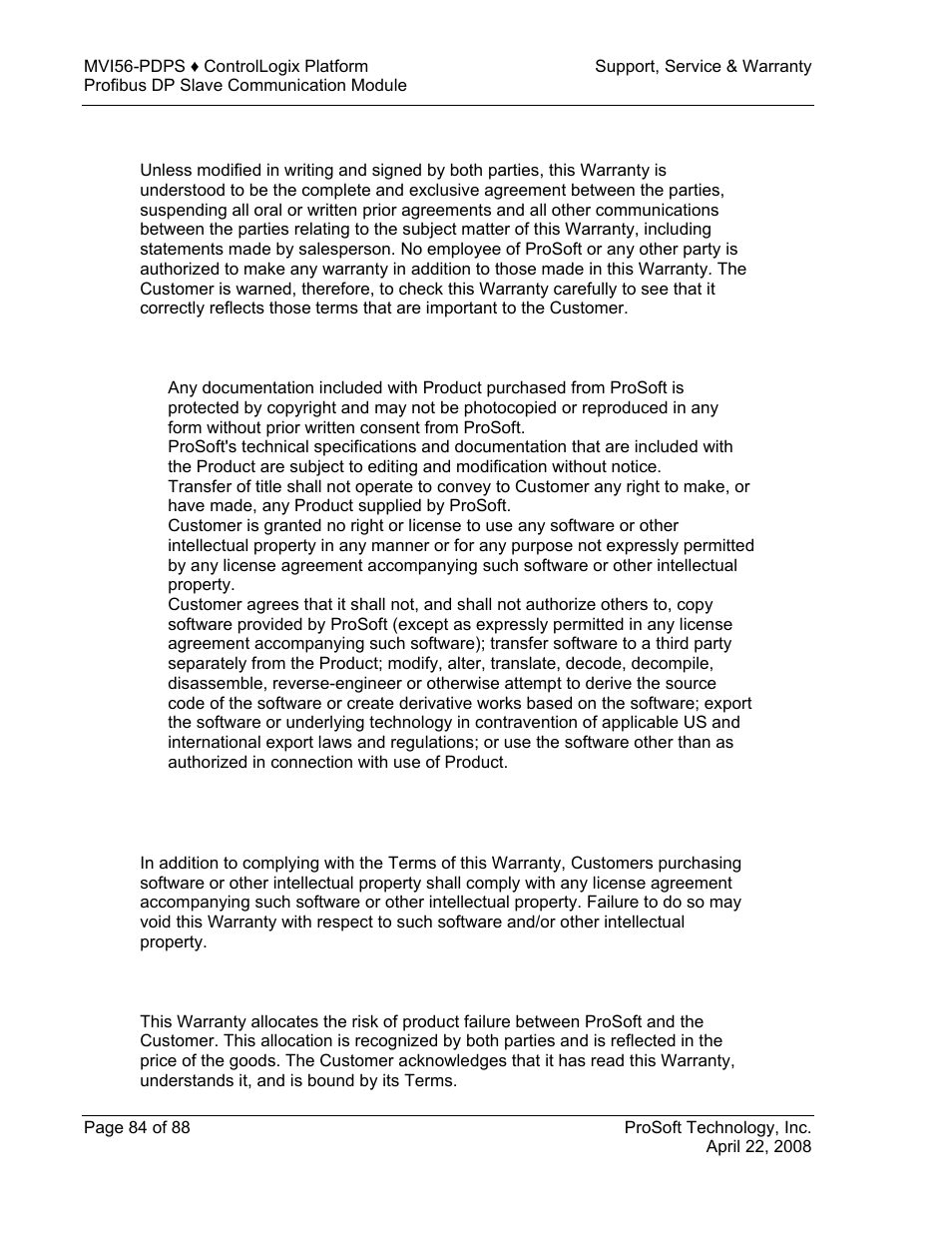 No other warranties, Intellectual property, Allocation of risks | ProSoft Technology MVI56-PDPS User Manual | Page 84 / 88