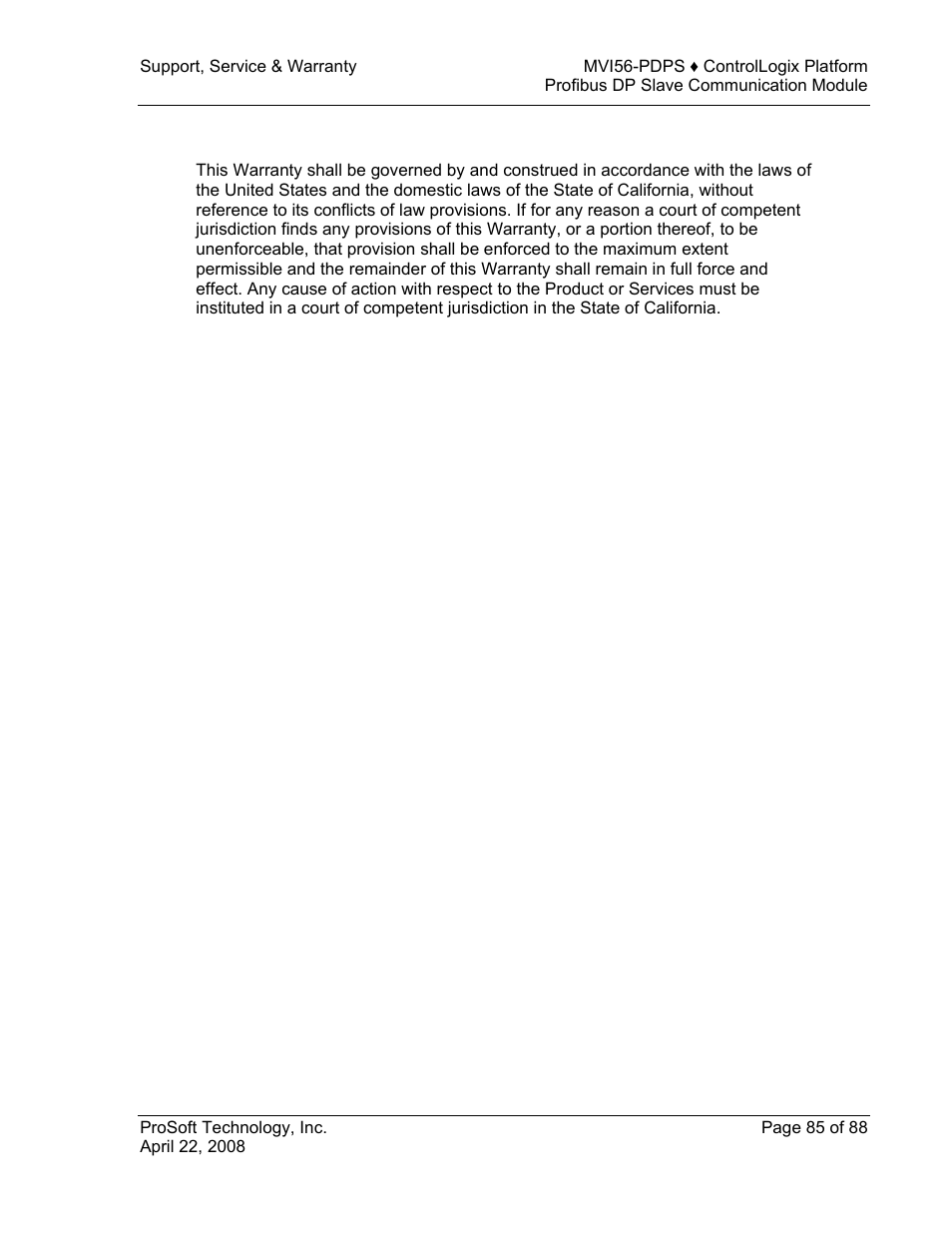 Controlling law and severability | ProSoft Technology MVI56-PDPS User Manual | Page 85 / 88