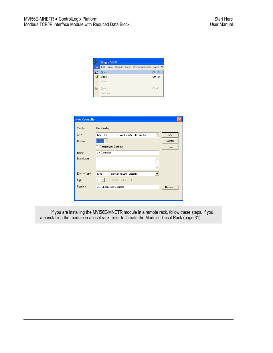 Create a new rslogix 5000 project | ProSoft Technology MVI56E-MNETR User Manual | Page 26 / 153
