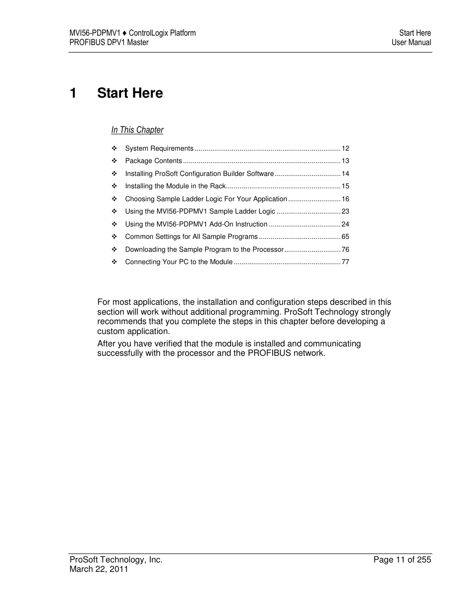 1start here | ProSoft Technology MVI56-PDPMV1 User Manual | Page 11 / 255