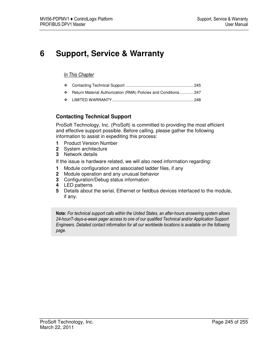 6support, service & warranty | ProSoft Technology MVI56-PDPMV1 User Manual | Page 245 / 255