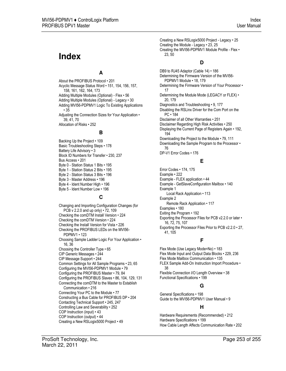 Index | ProSoft Technology MVI56-PDPMV1 User Manual | Page 253 / 255
