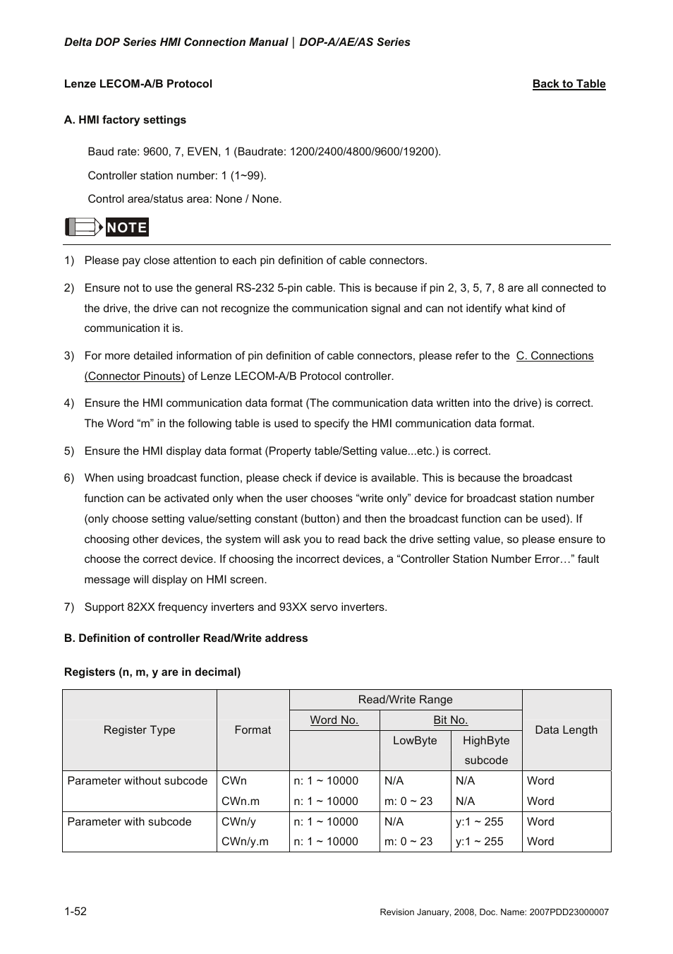 Lenze lecom-a/b protocol, Lenze lecom-a/b, Protocol | Delta Electronics Network Device DOP-A/AE/AS User Manual | Page 53 / 137